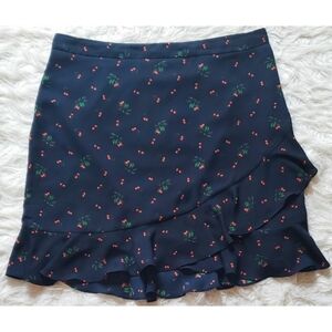 Banana Republic Cherry Print Skirt Ruffle Navy Blue Retro Rockabilly Red